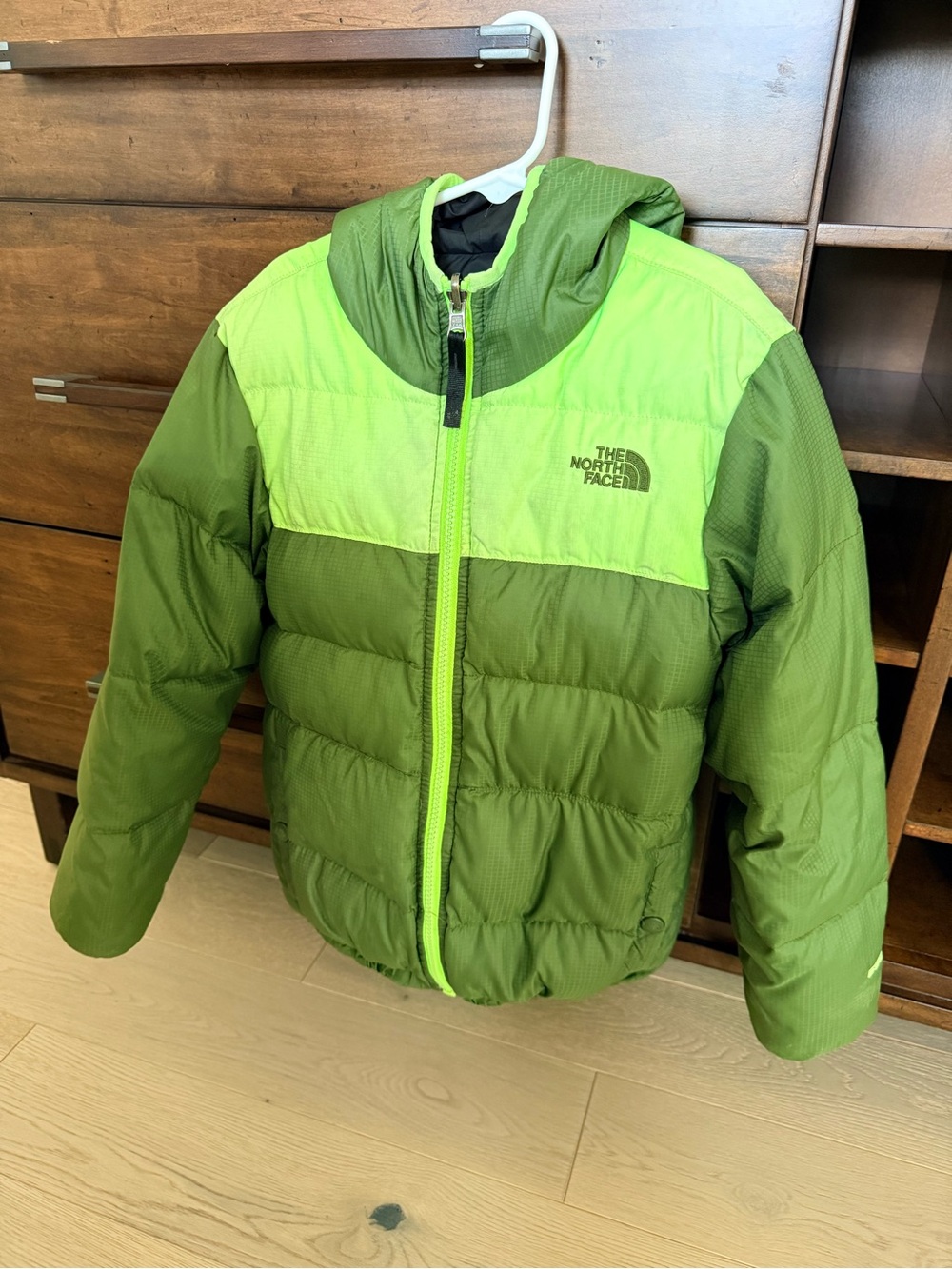 The North Face Reversible Two-Tone Lime and Olive Green/Black Puffer Jacket